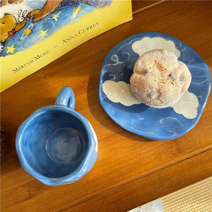 Hand Painted Blue Sky White Clouds Coffee Mug with Saucer Ceramic Handmade Tea Cup Saucer Set Lovely Gift Irregular Coffee Mug