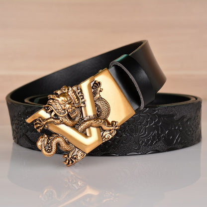 Ethnic style V-dragon automatic buckle belt, personalized dragon pattern embossed denim belt