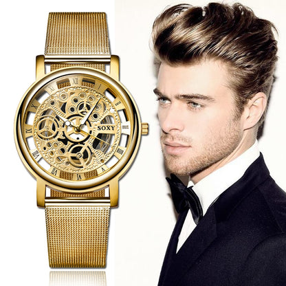 SOXY Luxury Skeleton Men Watch Women Wrist Watches Fashion Montre Homme Gold Wrist Watch Men Steel Mesh Men's Watch