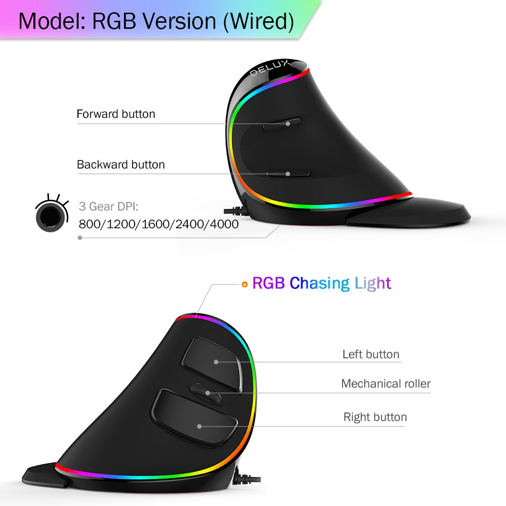 Souris de jeu verticale ergonomique Delux M618 PLUS 6 boutons 4000 DPI RGB filaire/sans fil pour ordinateur portable PC 