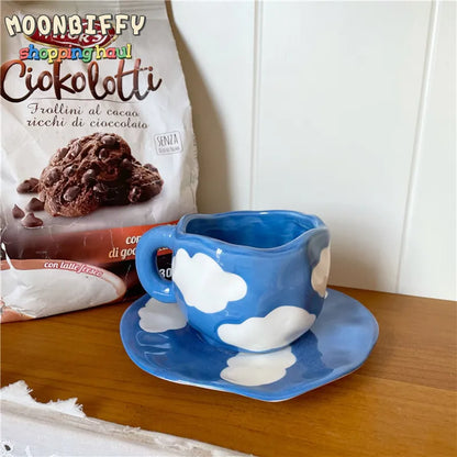 Hand Painted Blue Sky White Clouds Coffee Mug with Saucer Ceramic Handmade Tea Cup Saucer Set Lovely Gift Irregular Coffee Mug