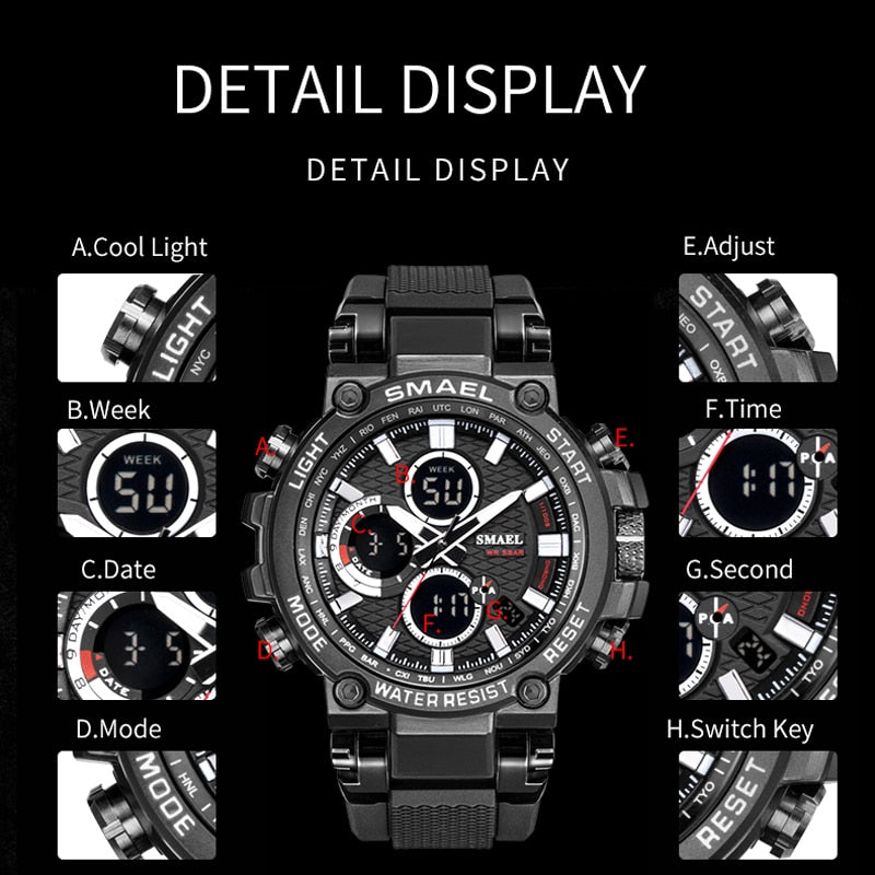 SMEAL 1803 Herren Sportuhren Digital Doppelzeit Chronograph Uhr Herren LED Chronometre Wochenanzeige Armbanduhren Montre Homme Stunde