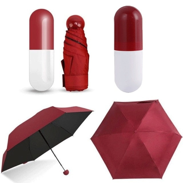 Mini parapluie pliable à capsule avec boîte à pilules, parasol de poche, parapluie de voyage portable anti-UV pour les jours ensoleillés et pluvieux