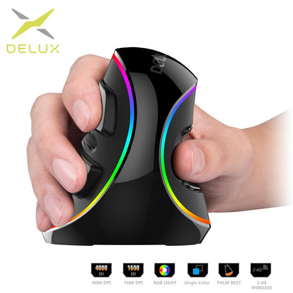 Souris de jeu verticale ergonomique Delux M618 PLUS 6 boutons 4000 DPI RGB filaire/sans fil pour ordinateur portable PC 