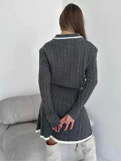 Ensemble deux pièces en tricot à manches longues et mini-jupe pour femme, haut à revers boutonné, jupe courte plissée de couleur contrastée, costume en tricot