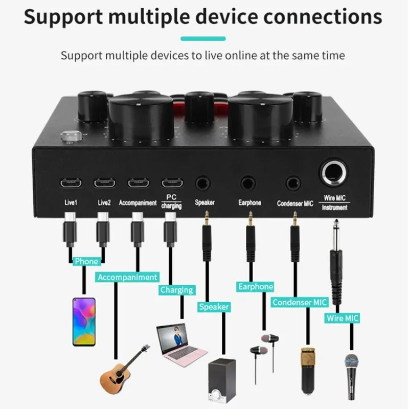 V8 Professional Sound Card Streaming Live Broadcast Podcast Recording Studio Equipment Voice Changer Audio Interface SoundCard