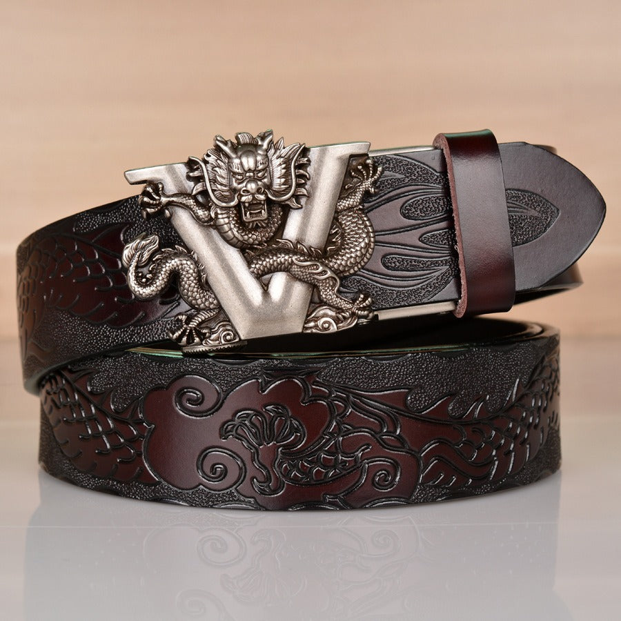 Ethnic style V-dragon automatic buckle belt, personalized dragon pattern embossed denim belt