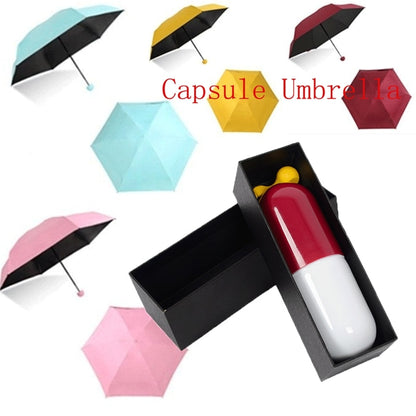 Mini parapluie pliable à capsule avec boîte à pilules, parasol de poche, parapluie de voyage portable anti-UV pour les jours ensoleillés et pluvieux