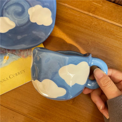 Hand Painted Blue Sky White Clouds Coffee Mug with Saucer Ceramic Handmade Tea Cup Saucer Set Lovely Gift Irregular Coffee Mug