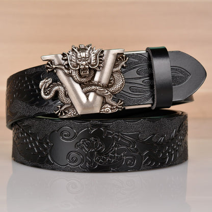 Ethnic style V-dragon automatic buckle belt, personalized dragon pattern embossed denim belt