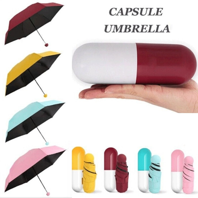 Mini parapluie pliable à capsule avec boîte à pilules, parasol de poche, parapluie de voyage portable anti-UV pour les jours ensoleillés et pluvieux