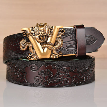 Ethnic style V-dragon automatic buckle belt, personalized dragon pattern embossed denim belt