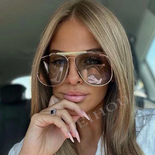 Metal Frame Pilot Sunglasses For Women Double Bridge Champagne Sun Glasses Woman Luxury Square Clear Oversize Shades