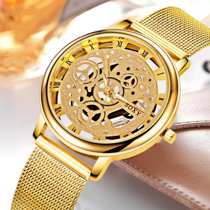 SOXY Luxury Skeleton Men Watch Women Wrist Watches Fashion Montre Homme Gold Wrist Watch Men Steel Mesh Men's Watch