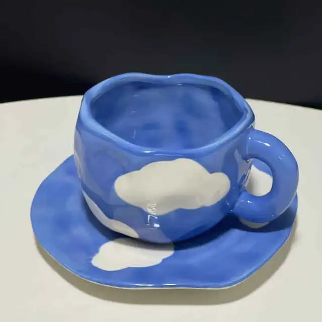 Hand Painted Blue Sky White Clouds Coffee Mug with Saucer Ceramic Handmade Tea Cup Saucer Set Lovely Gift Irregular Coffee Mug