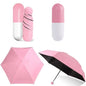 Mini parapluie pliable à capsule avec boîte à pilules, parasol de poche, parapluie de voyage portable anti-UV pour les jours ensoleillés et pluvieux