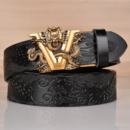 Ethnic style V-dragon automatic buckle belt, personalized dragon pattern embossed denim belt