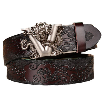 Ethnic style V-dragon automatic buckle belt, personalized dragon pattern embossed denim belt