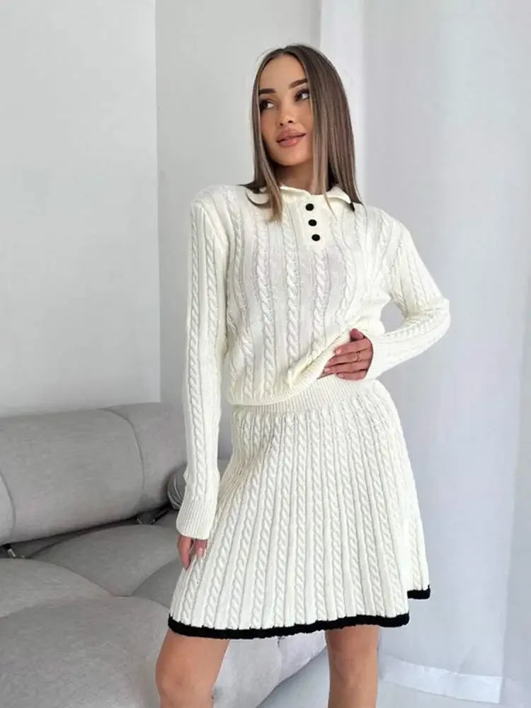 Ensemble deux pièces en tricot à manches longues et mini-jupe pour femme, haut à revers boutonné, jupe courte plissée de couleur contrastée, costume en tricot